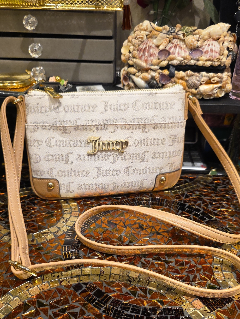 Juicy Couture Cream Logo Crossbody with Tan Trim